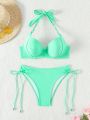 SHEIN Swim Vcay Solid Color Drawstring Side & Underwire Design Bikini Set