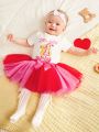 SHEIN Newborn Baby Girls' Short Sleeve Cartoon Print Romper With Mesh Tutu Skirt Set