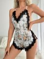 Floral Print Lace Trim Satin Cami Romper