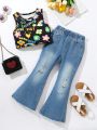 Little Girl's Floral Print Tank Top And Ripped Denim Flared Pants Set