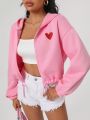 Fonteles Ladies' Heart Print Zip-Front Hooded Jacket