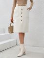 SHEIN LUNE Solid Color Button Front Straight Skirt