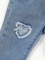 Girls' Heart Shaped Patches Embroidery Flare Denim Jeans With Fringe Hem