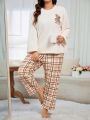 Bear Style Plush Sweater And Plaid Pants Set