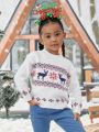 SHEIN Young Girl Christmas Elk & Geo Pattern Drop Shoulder Sweater