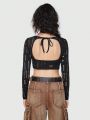 Grunge Punk Women's Distressed Cutout Back Knot Crop Top