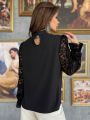 SHEIN Privé Lace Panel Bell Sleeve Blouse