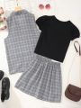 Teen Girls' Casual Plaid Vest & Skirt & T-Shirt 3pcs/Set