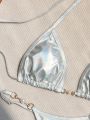 SHEIN Swim Summer Beach Metallic Ring Linked Halter Triangle Bikini Set