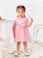 SHEIN Baby Girls' Elegant Pink Butterfly & Polka Dot Mesh Long Sleeve Dress