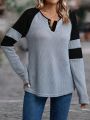 Colorblock Notched Neck Raglan Sleeve Tee