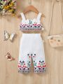 2pcs Baby Girls' Lovely Floral Printed Tank Top And Shorts Set, Spring/Summer