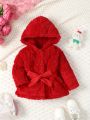 Women'S & Baby Girls' Casual Warm Plush Hooded Waist-Tied Coat With Heart Pattern For Autumn/Winter