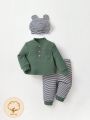 Cozy Cub Newborn Baby Boy Striped Print Pocket Patched PJ Set & Hat