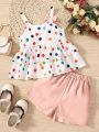 SHEIN Kids SUNSHNE Little Girls' Colorful Polka Dot Printed Ruffle Hem Top And Shorts Two Piece Set