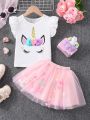 SHEIN Kids QTFun Little Girls' Cartoon Print 3d Flower Decor Top & Mesh Skirt Set With Pom-Poms