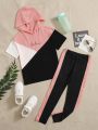 SHEIN Kids EVRYDAY Girls Letter Graphic Colorblock Hooded Neck Tee & Pants