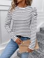 SHEIN LUNE Women's Striped Round Neck T-shirt With Puff Sleeve