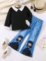 SHEIN Kids EVRYDAY Toddler Girls' Patchwork Collar Top And Cartoon Print Bell Bottom Jeans Set