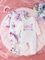 Baby Girls' Floral Print & Slogan Print Romper, 2pcs/set, Comfortable And Lovely For Spring And Summer Casual Outfit