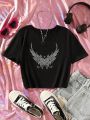 SHEIN Kids Cooltwn Tween Girls' Wing & Rhinestone Print Crop T-shirt