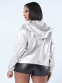 SHEIN SXY Women'S Metallic Bright Color Hooded Loose Jacket With Pocket For Party And Street Look