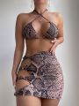 Snakeskin Print Bikini Set Tie Back Micro Triangle Bra Top & Thong & Cut Out Skirt 3 Piece Swimsuit,Summer Beach