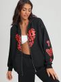 Vitlisboa Letter Print Zip Closure Hooded Women's Jacket