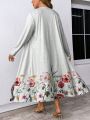 Flower Printed Plus-size Dress And Open-front Coat Set