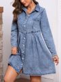 SHEIN LUNE Ladies' Button-front Folded & Pleated Denim Dress