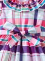 Baby Girls' Colorful Grid Pattern Double Layered Collar Puff Sleeve Sweet Princess Dress For Summer