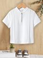 SHEIN Kids EVRYDAY Boys' Loose Fit Casual Polo Shirt With Front Zipper And Small Stand Collar