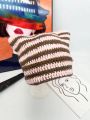 1pc Korean Style Cute Striped Knitted Hat With Cat Ears For Women, Autumn/winter Earflap Beanie