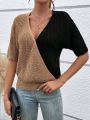 SHEIN Essnce Two Tone Drop Shoulder Wrap Front Knit Top