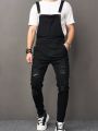 Men Ripped Pocket Front Denim Overalls Without Tee