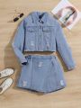 Tween Girls Casual Sweet & Cool Light Blue Wash Distressed Denim Jacket & Skirt/Pants Set, Spring