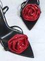 Pointy Toe Rose Embellished High Heels