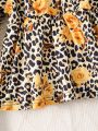 SHEIN Kids FANZEY Young Girl Leopard & Floral Print Flounce Sleeve Peplum Top & Leggings