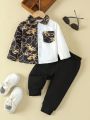 Infant Boys' Black And White Color Matching Shirt And Pants Set