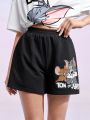 TOM & JERRY X SHEIN Cartoon Letter Print Shorts