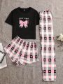 Women's Plus Size Butterfly Knot Print Colorblock Pajama Set