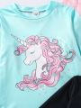 SHEIN Kids EVRYDAY Young Girl 3pcs/Set Cute Unicorn Long Sleeve T-Shirt With Round Neckline, Can Be Used As Inner Wear For Spring And Autumn