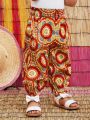 SHEIN Baby Girls' Vintage Floral Pattern Elastic Waist Long Pants