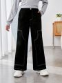 SHEIN Kids Cooltwn Girls' Casual Everyday Wide Leg Pants With Oblique Lines