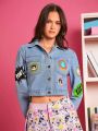 THE POWERPUFF GIRLS X SHEIN 1pc Cartoon Graphic Flap Pocket Crop Denim Jacket