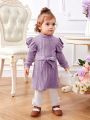 SHEIN Baby Girls' Casual Knitted Solid Color High Neck Belted Long Sleeve Dress With Flounced Hem