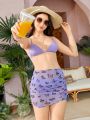 SHEIN Teen Girl Solid Color Halter Bikini Set With Butterfly Mesh Skirt Three Piece Set