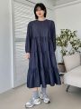 Dazy Petite Plus Round Neck Lantern Sleeves Ruffle Hem A-line Dress