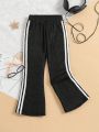 SHEIN Kids EVRYDAY Girls' Flared High Waist Pants, Autumn And Winter New Loose Striped Sports And Leisure Pants