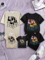 Girls' Cute Playful Letter & Smiling Face Print Casual T-Shirt, Street Fashion Style